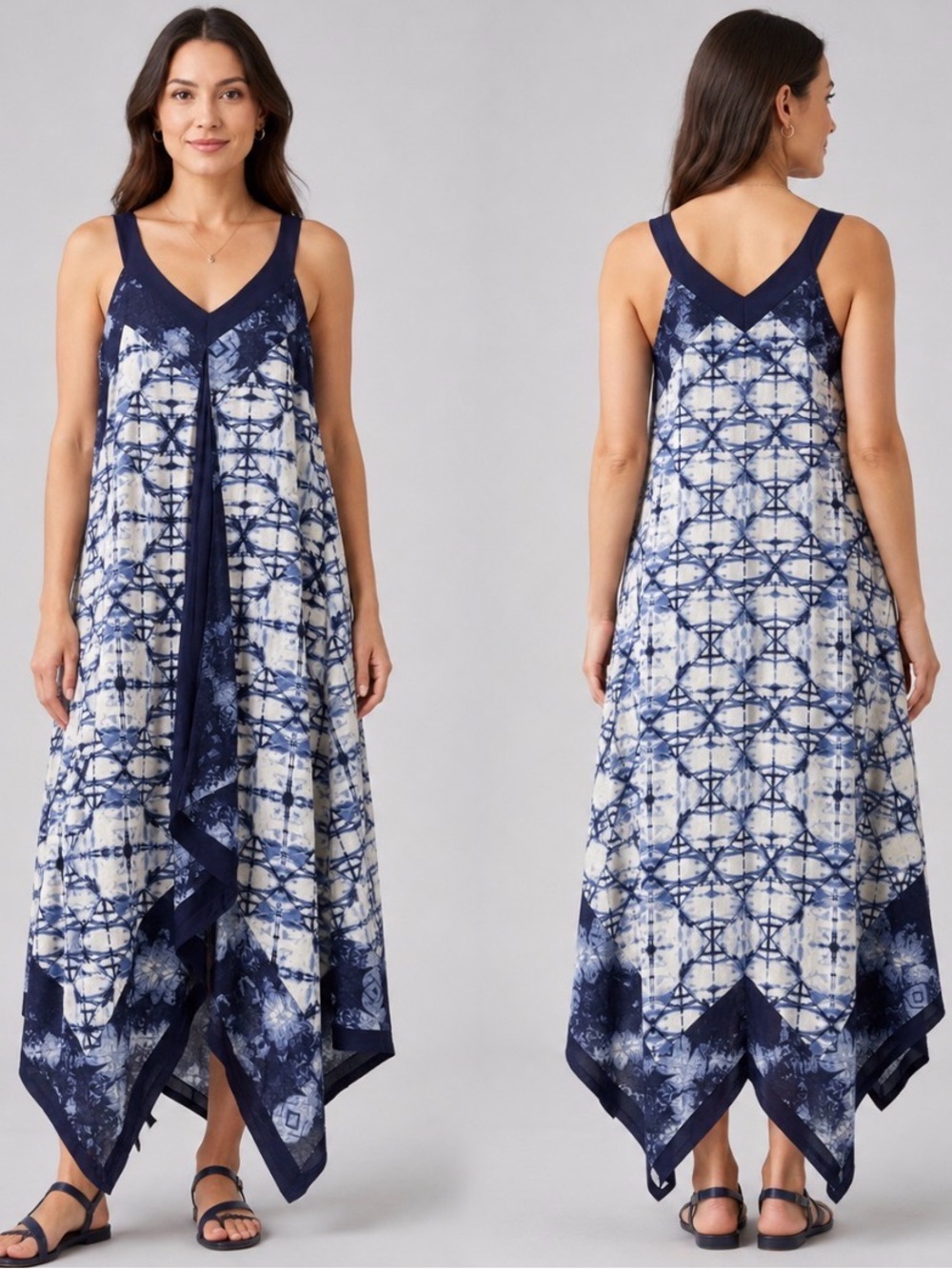 Style & Co. Navy & White Asymmetrical Tie-Dye V-Neck Dress